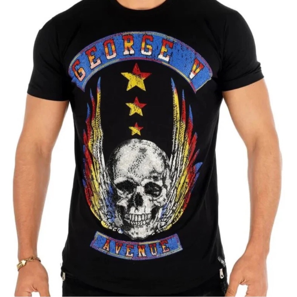 Avenue George V Paris T-shirt Black Luxury Men’s shirts 2XL Rhinestone Skull